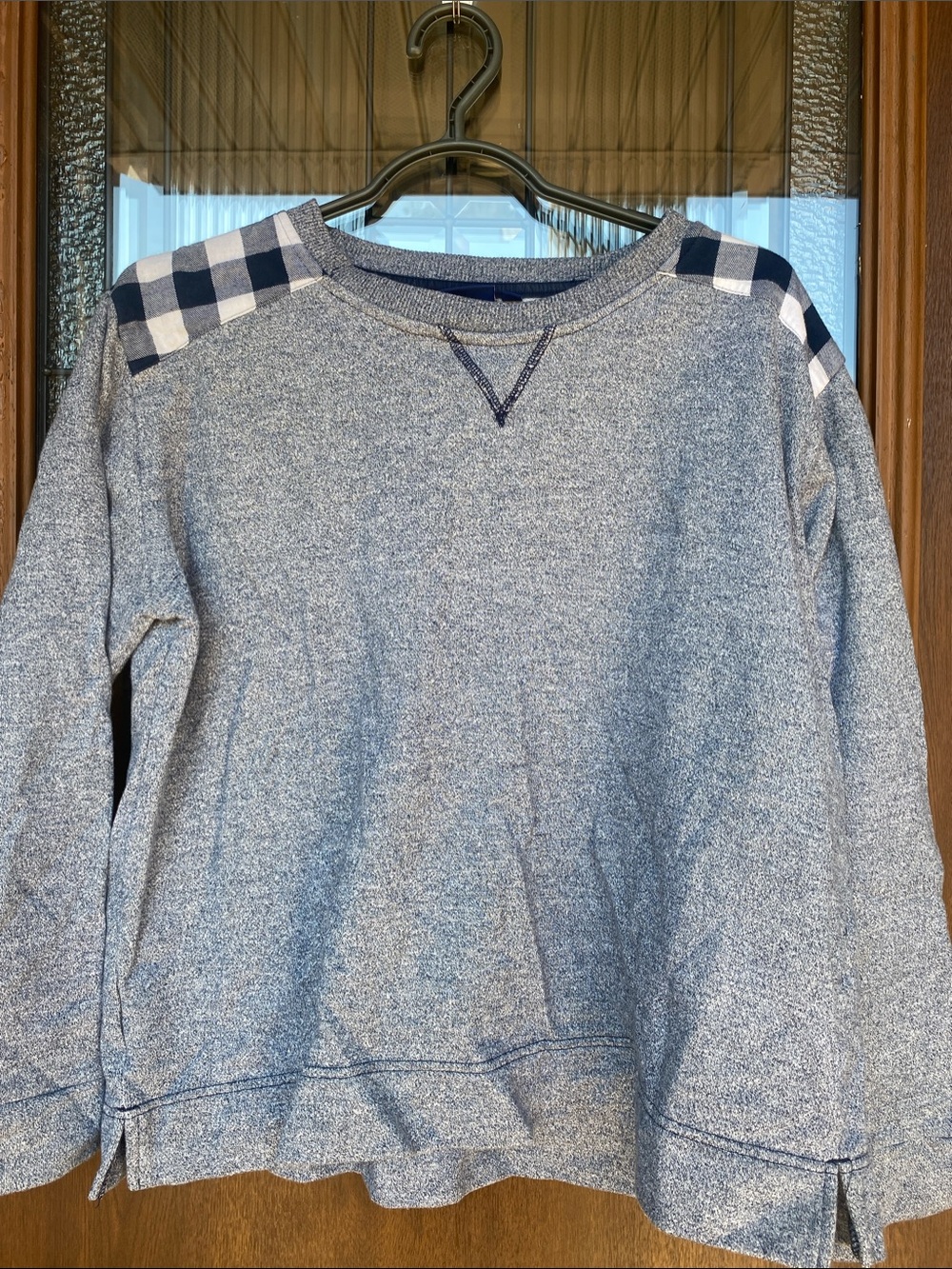 Men's Blue Heather Crewneck Sweater with Contrast Shoulder Plaid